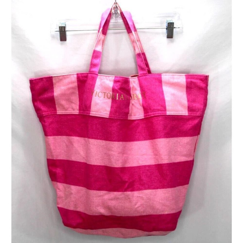Victoria Secret Large Pink Stripe Tote Beach Bag Travel Logo Canvas 22" X 14" **